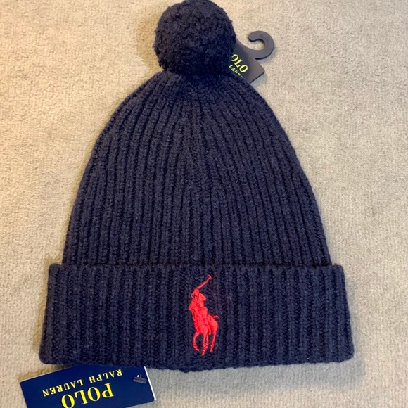 Polo Ralph Lauren Other - Polo Ralph Lauren Beanie With Pom Men’s OSFM Hat NEW W/Tags Navy Red